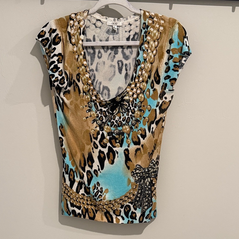 Cache Leopard Print Blouse - Brown, Blue, Black